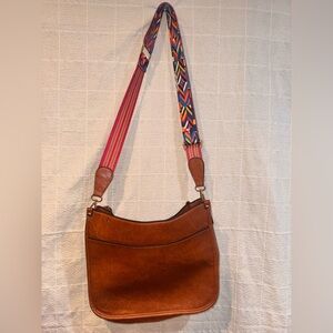 Elegant Brown Shoulder Bag with Multicolor Strap
